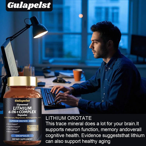 Lithium Orotate 20 Mg Complex Capsules With Magnesium Glycinate And Ashwagandha For Sharp Focus Memory And Mood Boost Brain Health Supplement bottle next to person at desk.