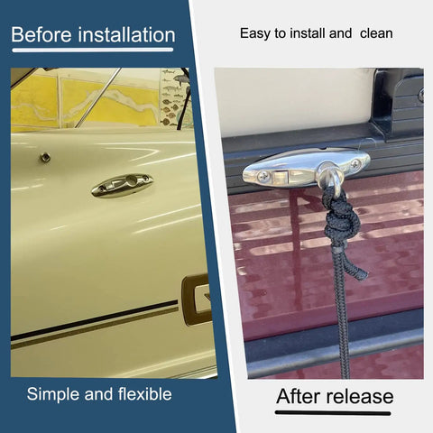 Before and after installation of 316 Marine Grade Stainless Steel Quick Release Fender Hangers For Pontoon Boats.