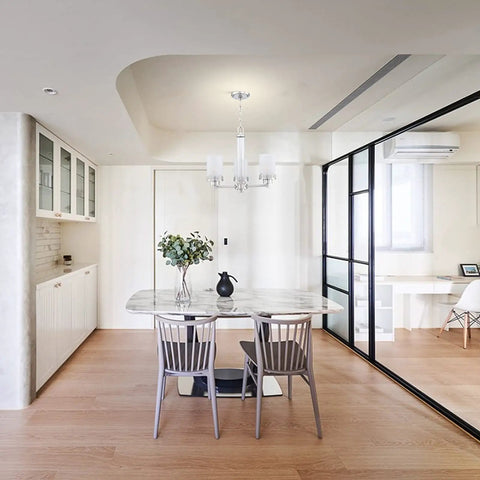 Three Light Fashion Kitchen Island Chandelier With Frosted Glass Shades And Hollow Metal Shade, Brushed Nickel Finish in dining room