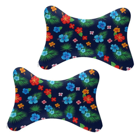 Travel And Office Memory Foam Neck Pillow With Washable Zippered Cover, Ergonomic Chin And Cervical Support Cushion, Tropical Hibiscus And Palm Print