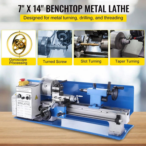 7" x 14" benchtop precision gearhead 550W Mini Metal Lathe for machining with variable speed and digital display.