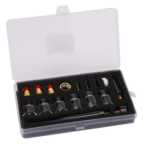 Go To Welding Glass Cup Nozzle Kit For WP9 20 Argon Torch in case, showing glass brass nozzle accessories and fittings