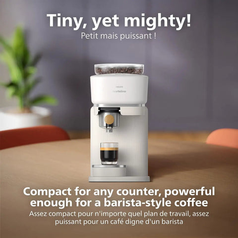 Compact Home Espresso Machine With Built In Grinder And 16 Bar Pump Auto Grinding Tamping And Brewing For Smooth Bean To Cup Coffee Without The Daily Grind Stress on a countertop with an espresso shot.