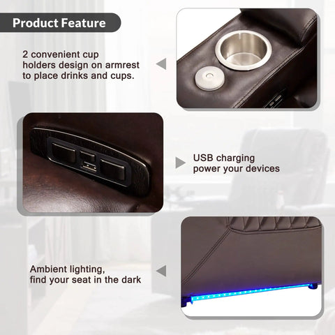Power Reclining Chair With USB Ports, Cupholders, LED Light, dark brown armrest with charging ports and ambient lighting