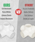 Comparison of 12 Pack Three Quarter Inch PVC Pipe Fittings Five Way Connectors For DIY Furniture Grade White vs inferior connectors