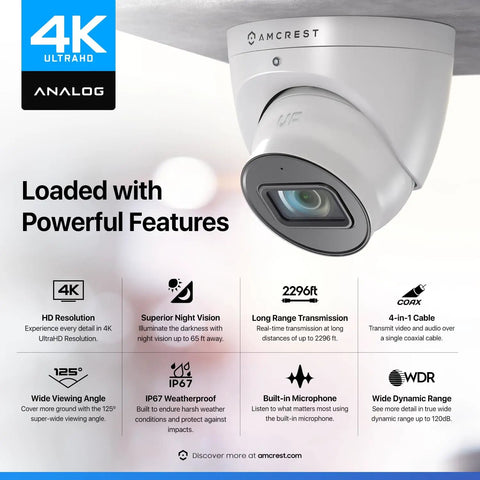4K Analog Turret Outdoor Security Cam 8MP At 15fps With Coax BNC CCTV 65ft Night Vision 125 Degree FOV Built In Mic