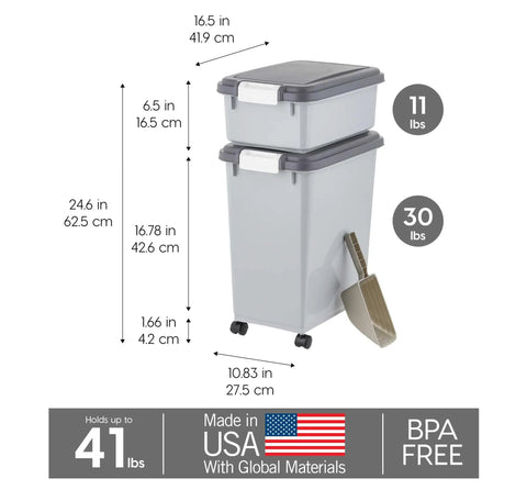 Pet Food Storage Canisters Set With Wheels, Airtight Kibble Containers For Dogs And Cats, 30 Lb And 11 Lb Combo, Stackable Gray Bins With 2 Cup Scoop, Pest Proof, Easy Mobility, Treat Bin