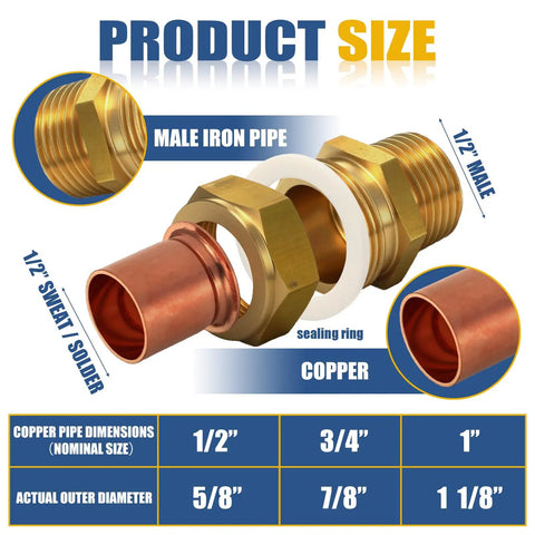 2 Pack One Half Inch Copper Pipe Union Sweat To Male Iron Pipe Threaded Brass Fitting Lead Free product dimensions diagram