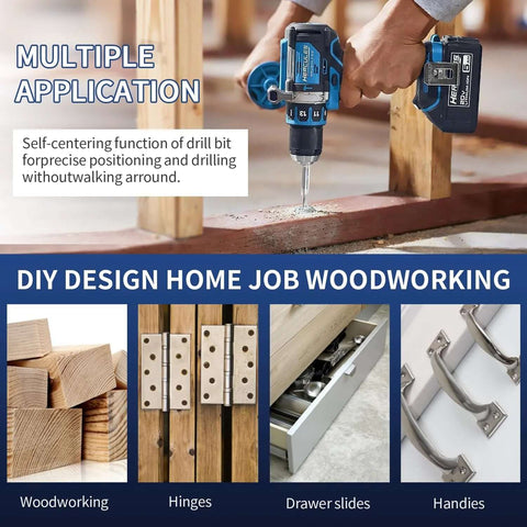 Three-piece self-centering hinge tapper drill bit set in use with a blue cordless drill on a wooden plank