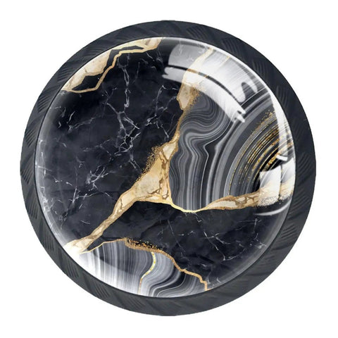 Slick Black And Gold Glass Drawer Knobs Modern Dresser Handles with a marble design, 35mm diameter, ideal for cabinetry.