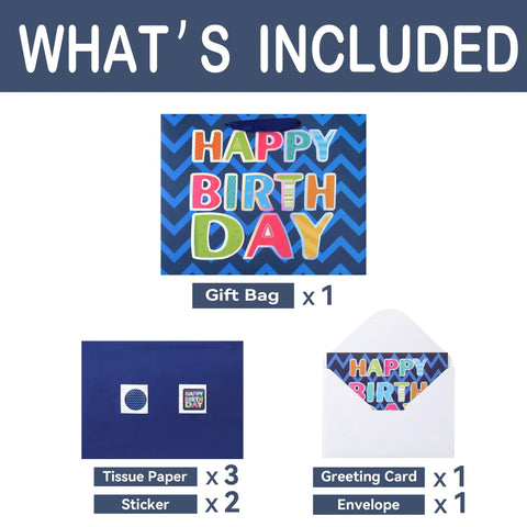 13 Inch Large Blue Gift Bag Set With Greeting Card And White Tissue Papers Laser Foil Happy Birthday contents overview