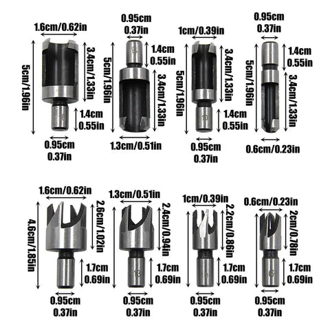 Kickass Eight Piece Wood Plug Cutter Drill Bit Set Offering Straight And Tapered Options For Heavy Duty DIY Projects And Home Renovations Real Deal Steel Bits That Slice Clean Every Single Time, various sizes displayed.