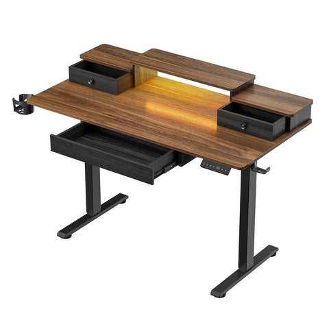 Chill 47 Inch Electric Standing Desk With Glowing RGB LED Gaming Table Features Memory Height Settings For Customizable Home Office Or Battle Station Setup, featuring drawers and RGB lighting.