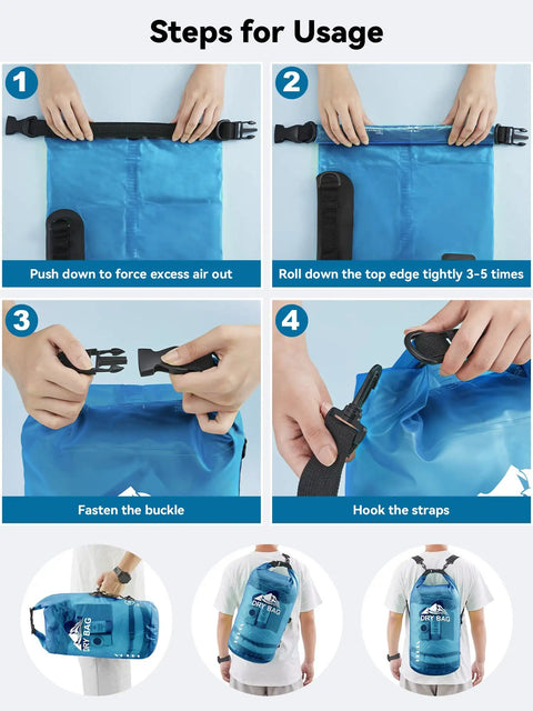 Step-by-step guide to using Waterproof Dry Bag Roll-Top Backpack for Travel and Water Sports, Ultra Lightweight 5L with Phone Case in Transparent Blue.