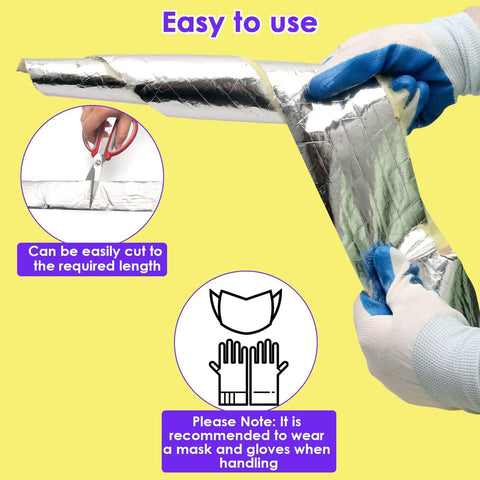 Person using scissors to cut Two Pack 32.8 Ft Pipe Insulation Wrap For Outdoor Pipes, foam and foil material shown, wearing gloves
