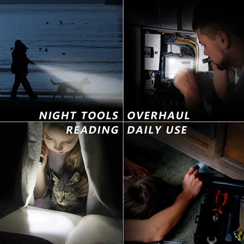 People using Pocket Size Mini LED Flashlight 3 Pack, Rechargeable EDC Torch With Four Modes for various activities at night.