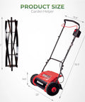 16 Inch Cordless Electric Reel Lawn Mower With Dual 36Wh Batteries For Long Run Time Up To 30 Minutes Of Mowing On Small To Medium Lawns Quiet Eco Friendly Yard Work No Fuss Easy Start, product size diagram