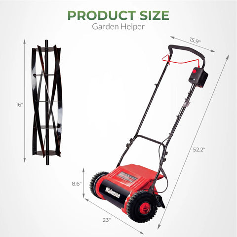 16 Inch Cordless Electric Reel Lawn Mower With Dual 36Wh Batteries For Long Run Time Up To 30 Minutes Of Mowing On Small To Medium Lawns Quiet Eco Friendly Yard Work No Fuss Easy Start, product size diagram