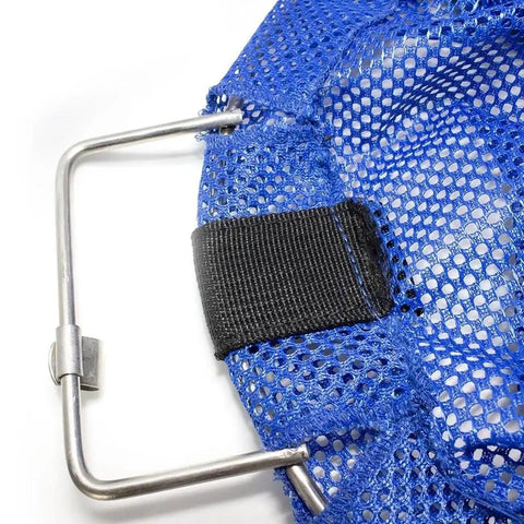 Close-up of Mesh Dive Catch Bag with Stainless Steel Wire Handle, showcasing durable nylon net and secure fastening for underwater storage.