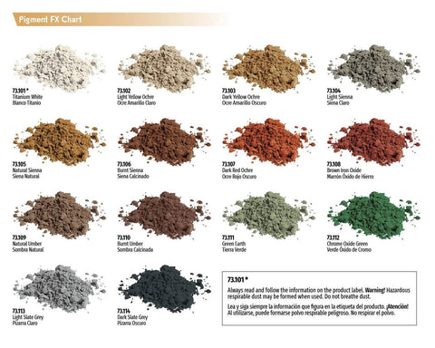Front view: Vallejo Pigment FX Rust & Corrosion Effect color chart, 4 x 35 ml bottles, rust/oxide pigments.