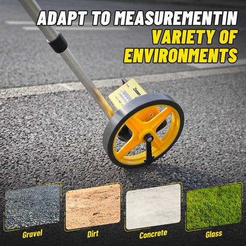 Zozen 6-Inch Measuring Wheel in Feet and Inches, Extended Telescopic Handle on asphalt measuring distance with adjustable features.