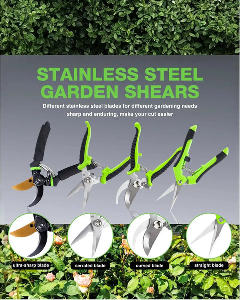 4 Pack Titanium Bypass Pruning Shears With Ergonomic Grips And Stainless Blades, Gardening Tool Kit display with blade types