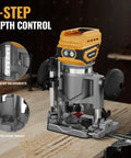 Real Deal Cordless Plunge Router Kit With Fixed And Plunge Bases showing 6-step depth control and adjustable turret for woodworking.