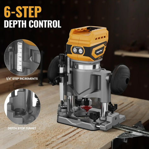 Real Deal Cordless Plunge Router Kit With Fixed And Plunge Bases showing 6-step depth control and adjustable turret for woodworking.