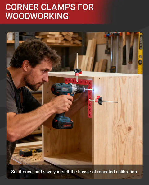 Four Piece Pro Grade 90 Degree Corner Clamps Set For Woodworking With 5.5 Inch Aluminum Alloy Right Angle Clamps And Handy Storage Case For Frames Cabinets Drawers used on a cabinet