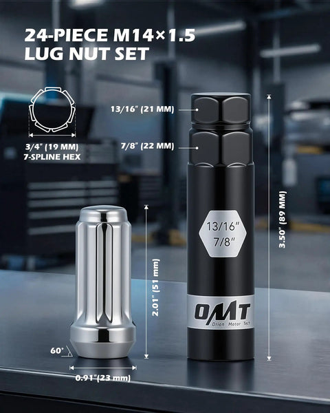 M14x1.5 Spline Lug Nuts With 60 Degree Cone Seat Chrome Plated Wheel Lug Nuts Set Of 24 and socket on table