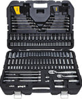 One Quarter And Three Eighths Inch Drive Socket Set With 156 Piece Standard And Metric Kit in durable molded case open