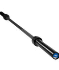 Elite Seven Foot Olympic Weight Bar Built Different With Stainless Spin Sleeves And Aggressive Knurling For Real Deal Lifters Crushing Personal Records And Heavy Squat Sessions, angled view of a black barbell.