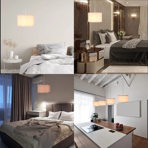 Game Changing Plug In Pendant Light With Adjustable Fifteen Foot Rope Cord And Chill Linen Fabric Shade On Off Switch, showcased in various living spaces.