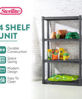 Four Shelf Heavy Duty Plastic Storage And Utility Shelving Unit For Garage Basement And Laundry Room With 50 Lb Capacity Per Shelf Durable Industrial Grade Rack For Easy Organization And Quick Access. 57 1/8 in H x 34 1/2 in W