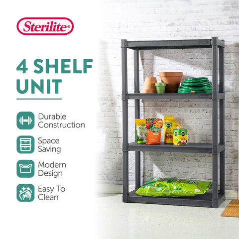 Four Shelf Heavy Duty Plastic Storage And Utility Shelving Unit For Garage Basement And Laundry Room With 50 Lb Capacity Per Shelf Durable Industrial Grade Rack For Easy Organization And Quick Access. 57 1/8 in H x 34 1/2 in W