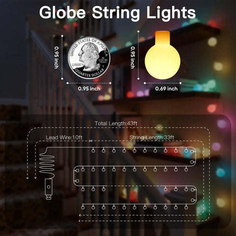 Diagram of Pastel Globe USB String Lights 33Ft With 100 LEDs Easy Timer And Remote Indoor Outdoor Party Decor dimensions
