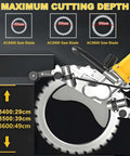 Heavy Duty 5000W Brushless Circular Electric Concrete Saw with 29Cm Deep Cutting Depth showing different blade depths and adjustment tools.