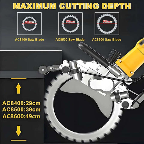 Heavy Duty 5000W Brushless Circular Electric Concrete Saw with 29Cm Deep Cutting Depth showing different blade depths and adjustment tools.