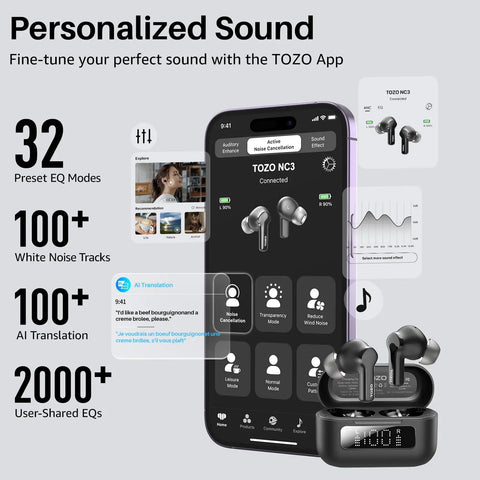 Hybrid Active Noise Cancelling Wireless Earbuds With Six Microphones For Crystal Clear Calls shown with app interface and case.