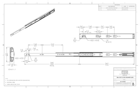 Technical drawing of Heavy Duty 20 Inch Drawer Slides With Soft Close, Full Extension, Over Travel, and Ball Bearing Rails.
