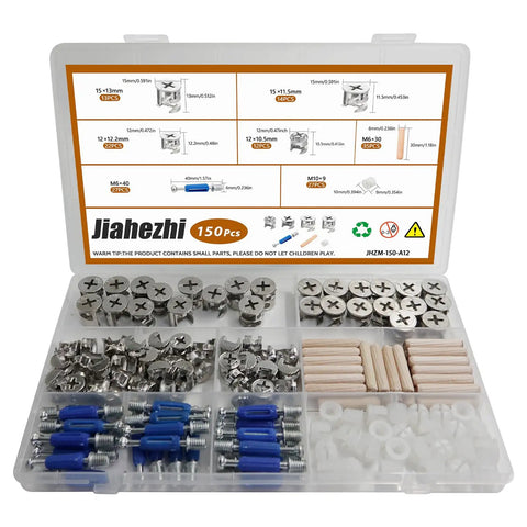 150 Piece Cam Lock Fastener Kit For Furniture DIY 3 In 1 Eccentric Hardware with nuts, screws, and dowels in plastic case