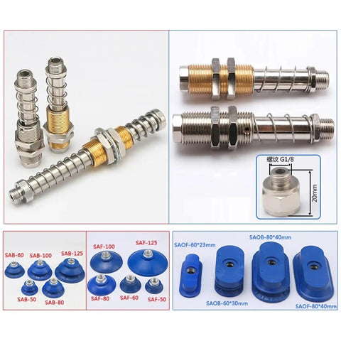 Grab these five heavy duty manipulator suction cups for industrial buffer fittings SAOB SAOF, featuring various sizes and metal materials.