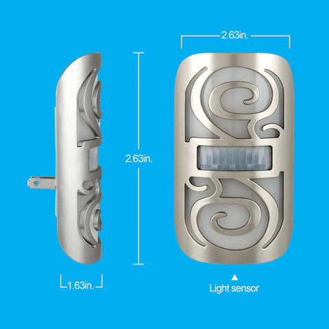 Dimensions and front view of LED Motion Sensor Night Light With Motion Boost Plug In Dusk To Dawn Energy Efficient UL Certified