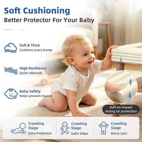 Game Changing Baby Edge Protectors And Corner Guards Super Wide High Density Foam Furniture Bumper Shields in use with a crawling baby.