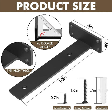 Diagram of Heavy Duty 10 Inch Floating Shelf Bracket, One Fifth Inch Thick Iron Bracket with measurements and screws.