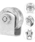 Front view of SOESFOUFU heavy-duty cast-iron V-groove wheel with mounting bracket and bolt