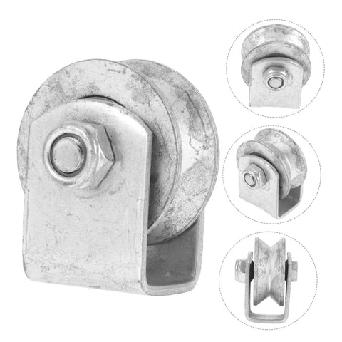 Front view of SOESFOUFU heavy-duty cast-iron V-groove wheel with mounting bracket and bolt