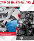 Dual Hook Oil Seal Puller and Oil Seal Removal Tool in use on engine, featuring galvanized steel and non-slip handle.