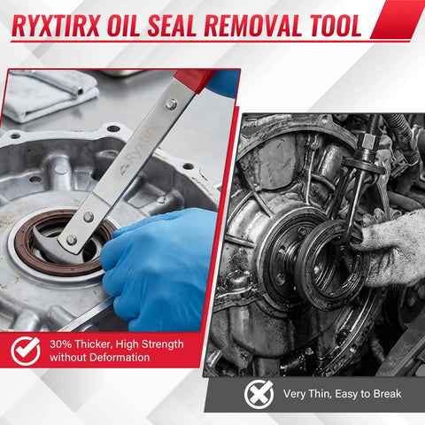 Dual Hook Oil Seal Puller and Oil Seal Removal Tool in use on engine, featuring galvanized steel and non-slip handle.