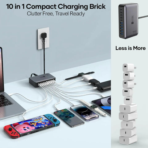Desktop setup showing GaN PD 450W 10 Ports USB C And USB A Charger Hub with connected devices, highlighting clutter-free charging.